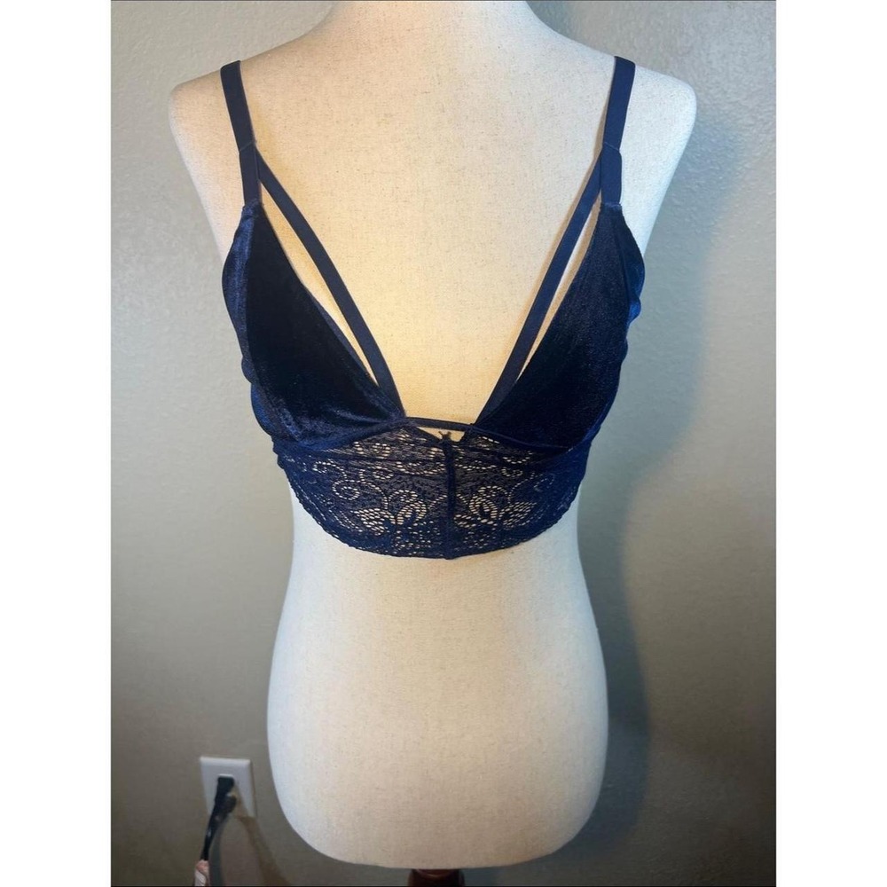 Navy Blue Velvet and Lace Longline Strappy Bralette Small